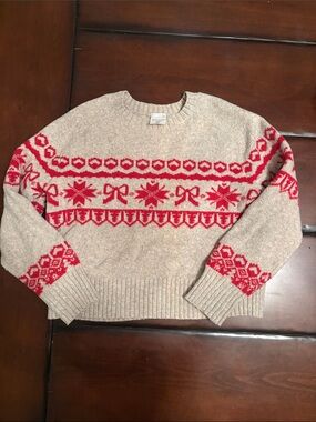 abercrombie kids Beige Crewneck Sweater with Red Fair Isle Motif